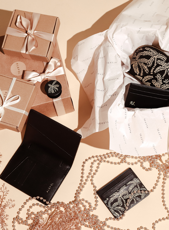 Beige Abstract Palms Black Cardholder