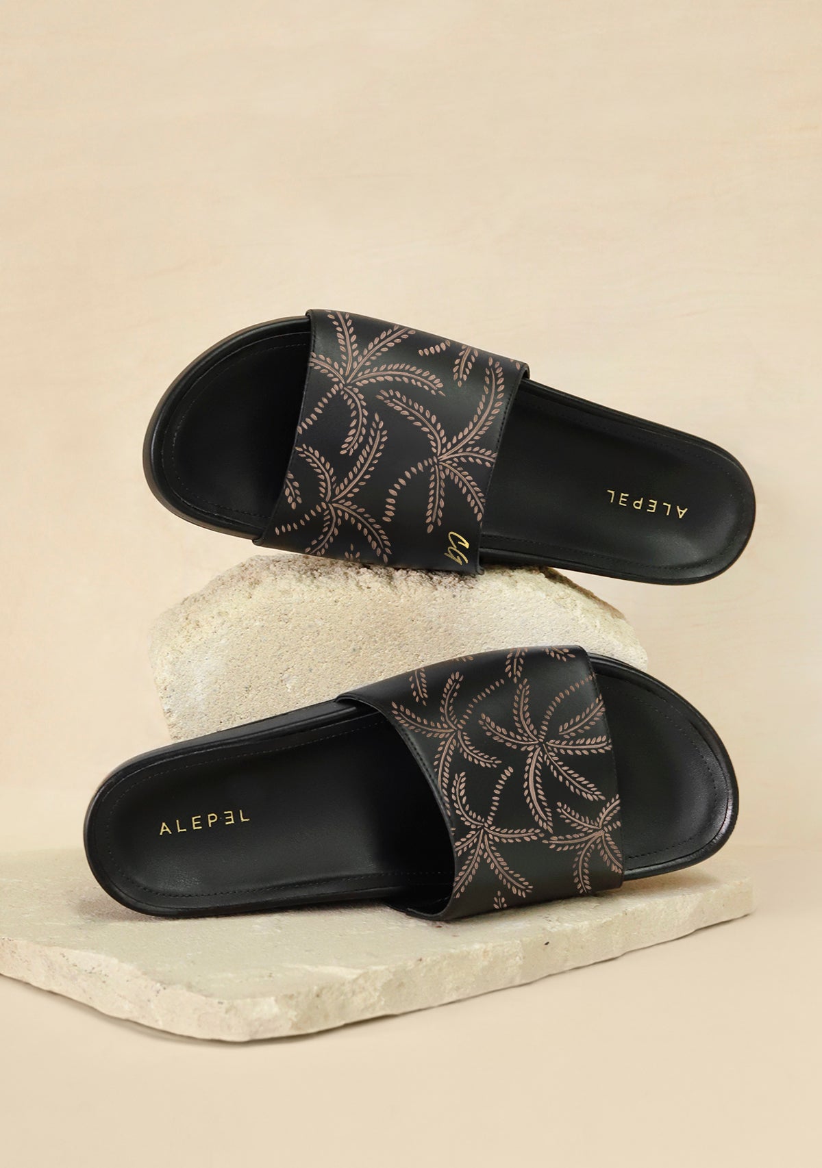 Beige Abstract Palms Black Slip On